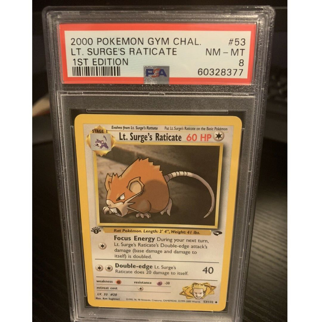 2000 Pokemon Gym Heroes 1st Edition Lt. Surge’s Raticate PSA 8